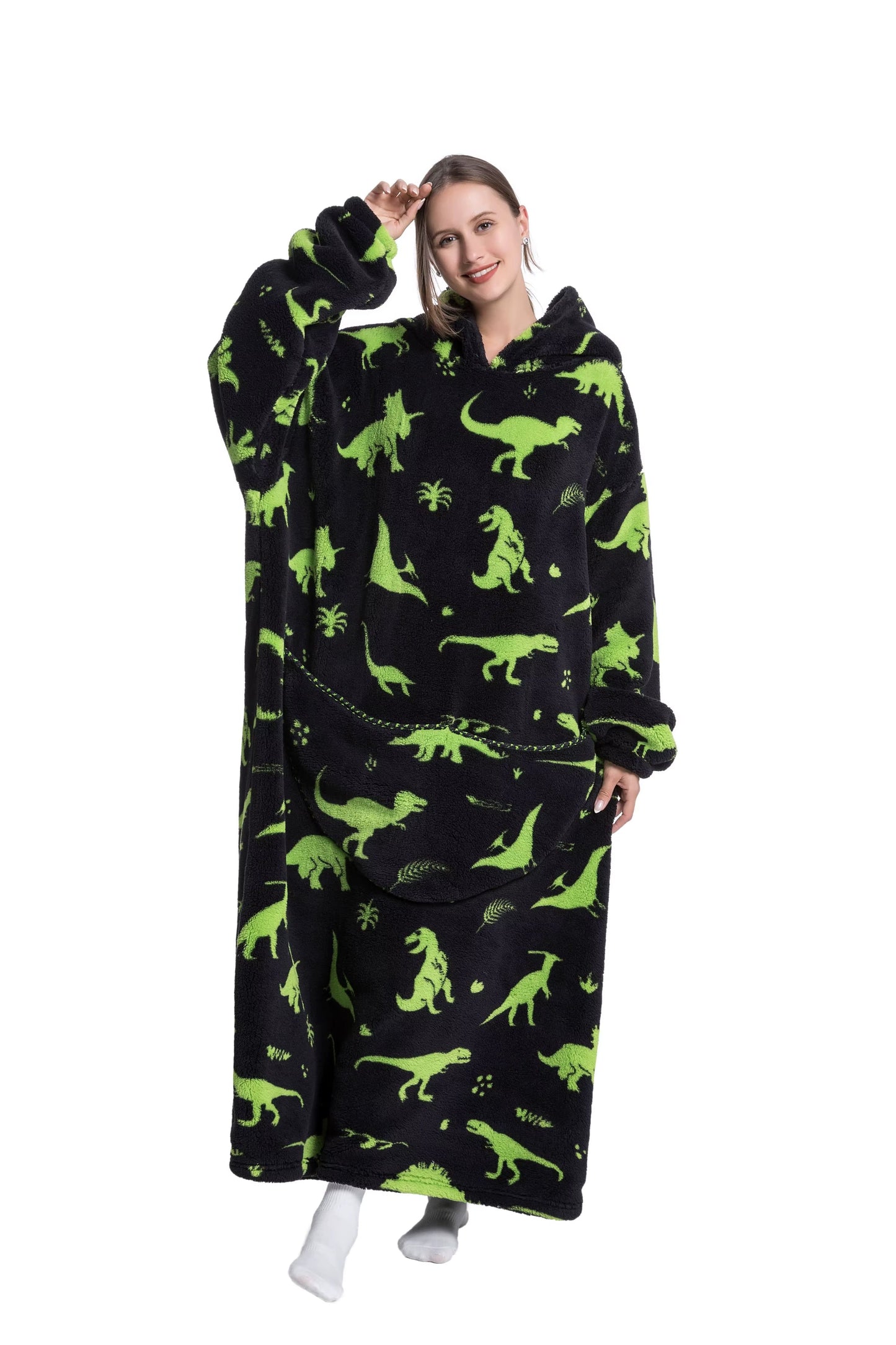 Myshoodie oversized - varm, mysig och stor hoodie 140cm (Vuxen - Lång) Dinosaurier Neon