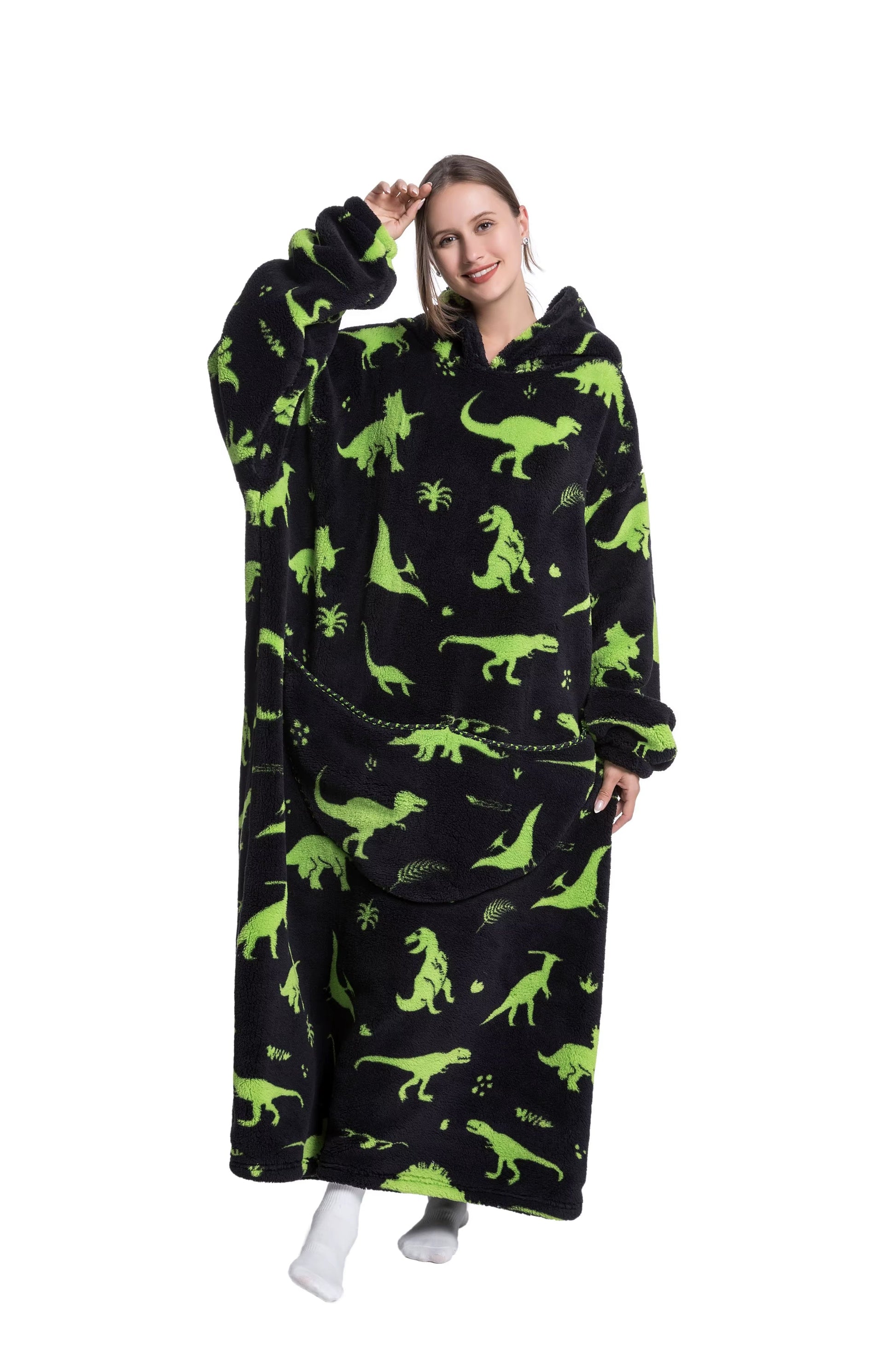 Myshoodie oversized - varm, mysig och stor hoodie 140cm (Vuxen - Lång) Dinosaurier Neon