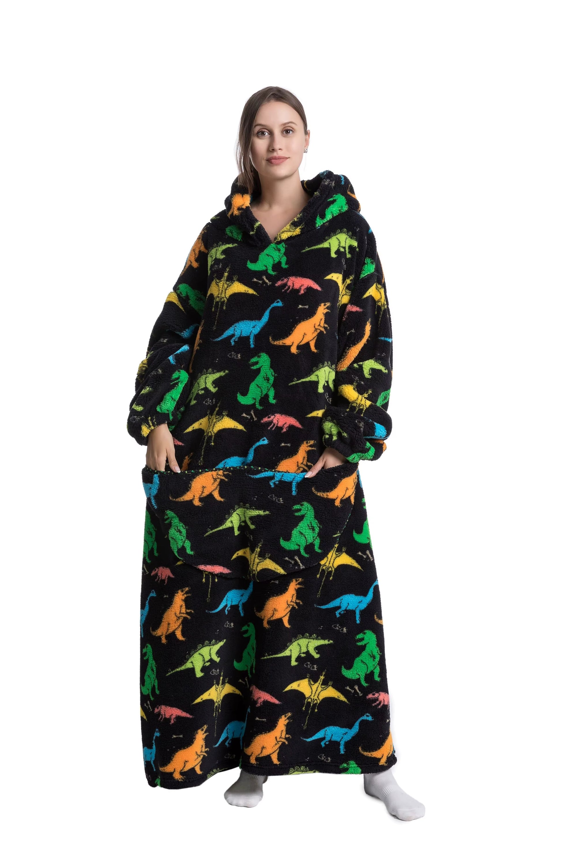 Myshoodie oversized - varm, mysig och stor hoodie 140cm (Vuxen - Lång) Dinosaurier (multifärg)