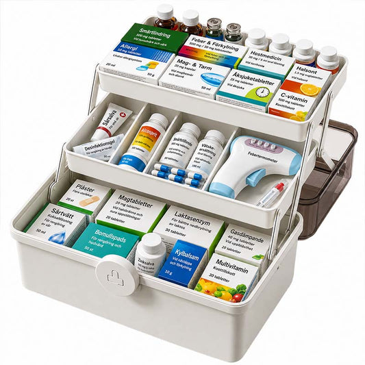 Medicinlåda med 3 nivåer och bärhandtag