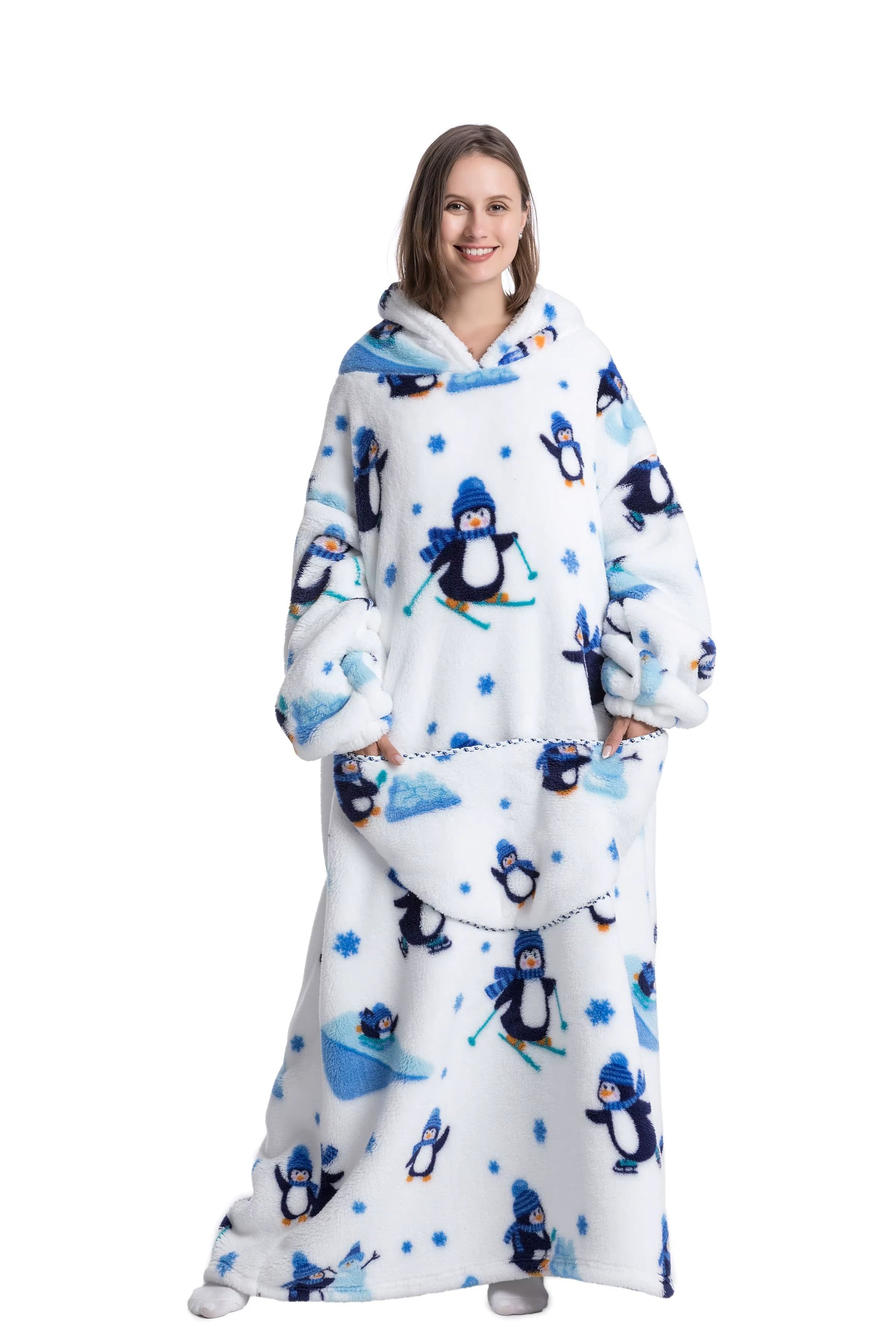 Myshoodie oversized - varm, mysig och stor hoodie 140cm (Vuxen - Lång) Pingviner